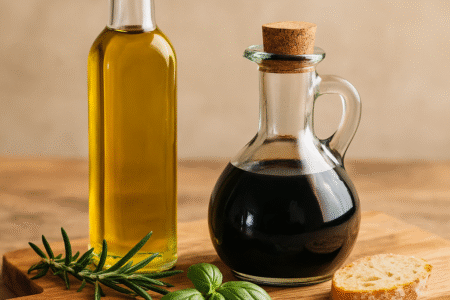 Flasche Olivenöl und Schale mit Essig auf hellem Untergrund