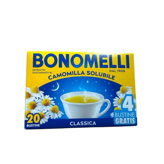 Löslicher Kamillentee von Bonomelli in gelber Verpackung mit 24 Beuteln